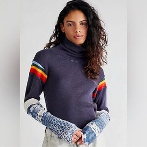 Free People Rainbow Of Love Varsity Stripes Navy Blue Turtleneck Top S NWT